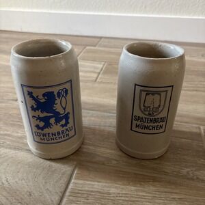 Lowenbrau & Spatenbrau Munchen Authentic German Handmade‎ Beer Stoneware 1 Liter
